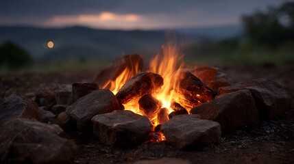A warm campfire burns brightly amidst rough stones against a twilight mountain landscape