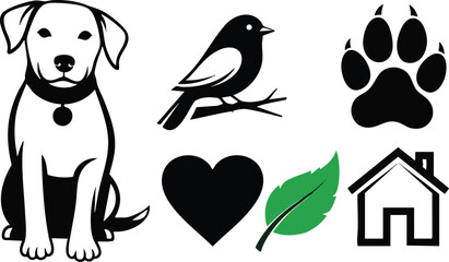 Dog bird paw heart leaf house icon set simple black white design vector illustration