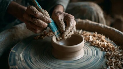 Artisans hands covered in clay, meticulously working on a ceramic bowl with a tool on a rotating pottery wheel 4k video - Powered by Adobe