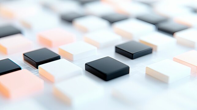 A close-up, shallow depth of field shot of a grid of small, square objects. The objects are in alternating colors of black, white, and a soft peachy-pink. The b