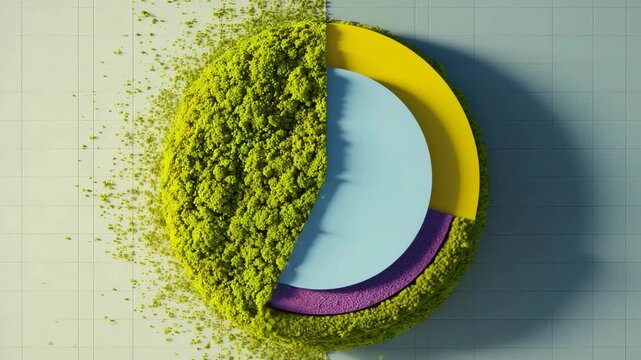 Abstract circular shape with contrasting textures, half granular green moss and half smooth colorful layers on tiled background 4k video