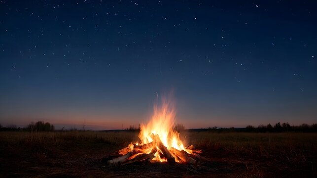 A vibrant bonfire blazes in a tranquil grassy field at twilight illuminated by a vast star filled night sky