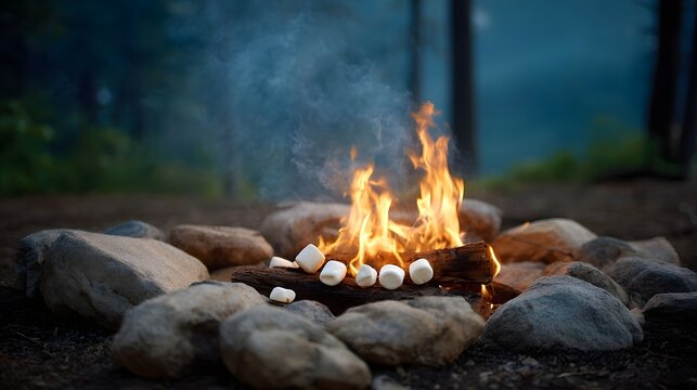 A cozy campfire burns in a forest clearing with marshmallows arranged on logs for roasting under the twilight sky