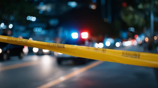Bright yellow police tape fluttering across a closed city street illuminated by red and blue flashing lights, marking the perimeter of a recent urban incident &mdash; a dramatic and high-detail concept