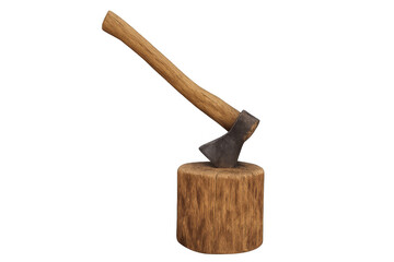 Axe stuck into a wooden chopping block, tool for cutting wood and splitting logs on transparent background
