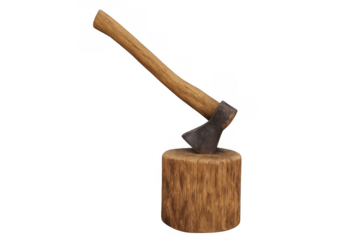 Axe stuck into a wooden chopping block, tool for cutting wood and splitting logs on transparent background