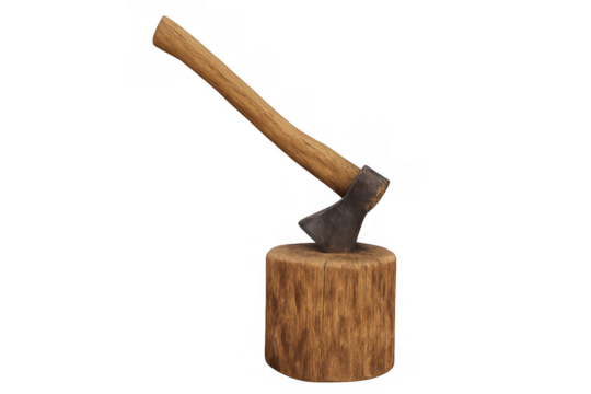 Axe stuck into a wooden chopping block, tool for cutting wood and splitting logs on transparent background