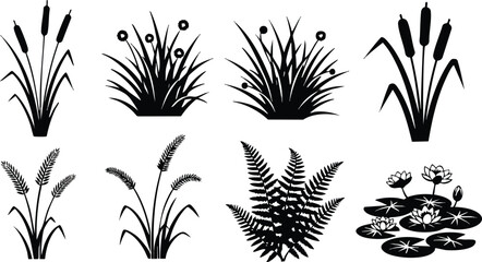 Naklejka premium Black silhouette aquatic plants and water lilies vector collection simple nature design
