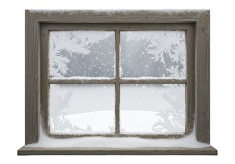 Weathered wooden window frames display intricate frost patterns during a snowfall