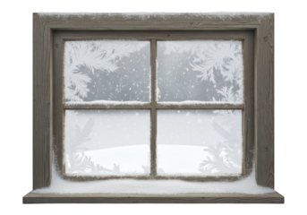 Weathered wooden window frames display intricate frost patterns during a snowfall