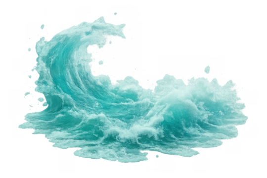 Power of sea, ocean wave splashing with breaking surf and droplets in motion on transparent background