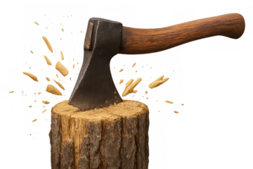 Axe stuck in chopping block, wood chips flying, representing labor, hard work, and forestry, transparent background