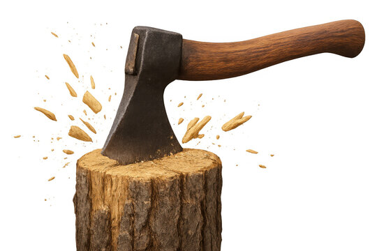 Axe stuck in chopping block, wood chips flying, representing labor, hard work, and forestry, transparent background - Powered by Adobe