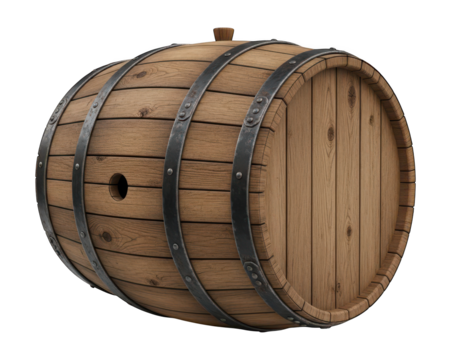 Traditional wooden storage container secured with metal hoops against a dark background