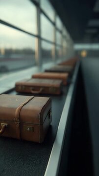 A row of vintage brown leather suitcases moving along a dark conveyor belt in an airport terminal with blurred windows