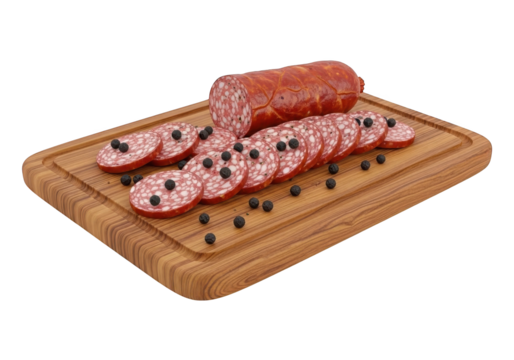 Partially sliced cured sausage rests upon a wooden cutting board sprinkled with peppercorns