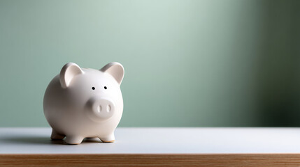 White ceramic piggy bank on wooden table with soft green background symbolizing savings and financial planning