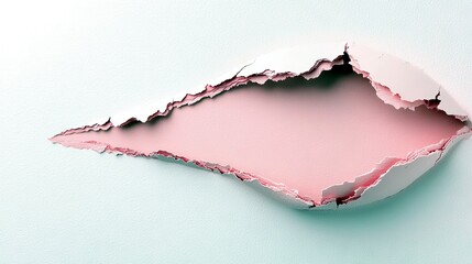 A sharp, jagged tear in a white surface reveals a soft pink interior. The edges of the tear are rough and layered, creating depth and texture. The lighting is s