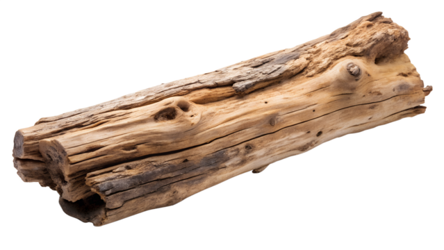 big dry old rustic driftwood or wooden stem log isolated on white or transparent png
