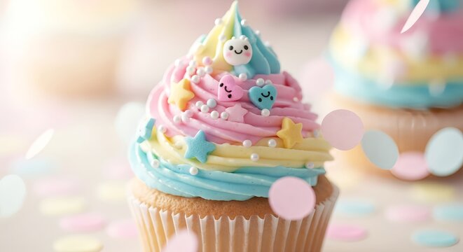 Close up of a cupcake with pastel frosting and cute decorations, on a confetti surface - Powered by Adobe