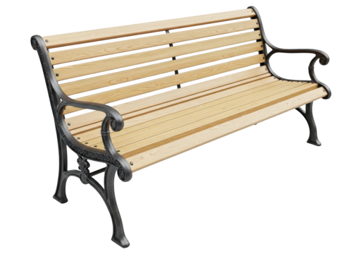 Ornate metal frame park bench features light wood slats against a dark background