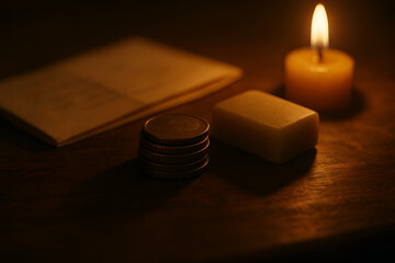 Vintage Coins And Old Documents Illuminated By Warm Candlelight