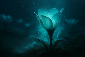 Blue Bioluminescent Fantasy Flower Glowing In Dark Misty Night