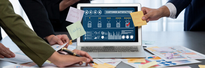 Analyst team use sticky note for creative and analytic brainstorm for business idea with BI data...