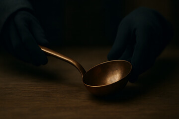Antique Copper Ladle Dipping Into Dark Broth In Low Light