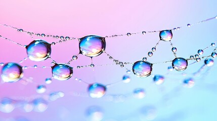 Close-up macro shot of numerous clear water droplets clinging to delicate spiderweb threads. The droplets refract light, creating vibrant rainbow-like reflectio