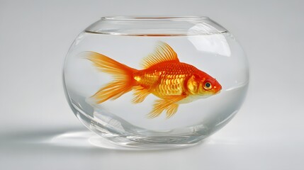 A single bright orange goldfish swimming alone in a clear glass fishbowl against a plain white background.