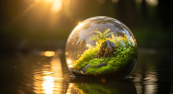 Glass terrarium with moss and a small tree on water reflecting sunlight during sunset
