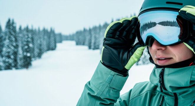 Skier putting on goggles while preparing to hit the slopes in a snowy environment