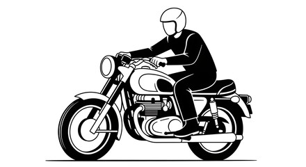Fototapeta premium Man riding vintage motorcycle, black and white illustration