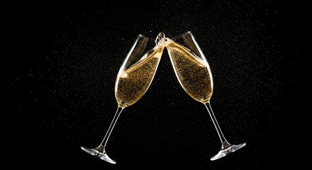 Two champagne flutes clinking together with golden liquid and bubbles on black background