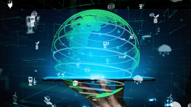 A visually stunning representation of a digital world, showcasing eco-friendly symbols on a tablet, reflecting innovation, sustainability, and modern technology in harmony. Xenic