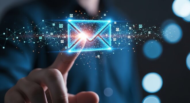 A finger touching a glowing blue email icon with network connections and small icons around