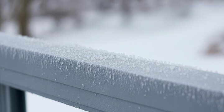 Macro frost on blue-gray painted railing, ice crystals, bokeh background, copy space