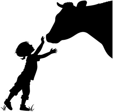 Silhouette of Child Reaching Toward Cow