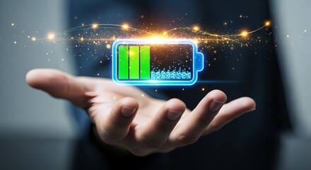 Hand holding a glowing blue battery icon with green bars and sparkling light effects