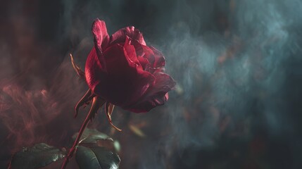 A single dramatic red rose enveloped in mysterious dark smoke.