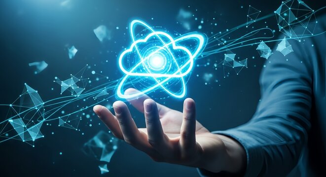 Person holding glowing cloud atom with digital connections in a dark blue setting