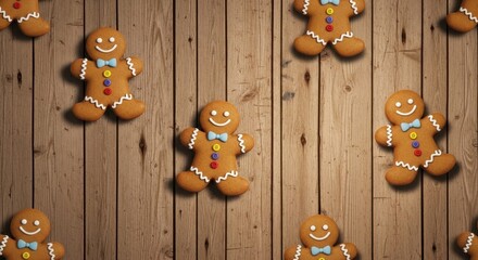 Festive gingerbread man cookies arranged on a wooden surface for a charming holiday backdrop