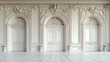 Ornate white palace doors, interior design, elegant room, architectural detail, background for luxury events