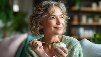 Middle-aged woman enjoying Greek yogurt for gut health on sofa, fresh fruit topping, diet detox mood, airy home light, with copy space