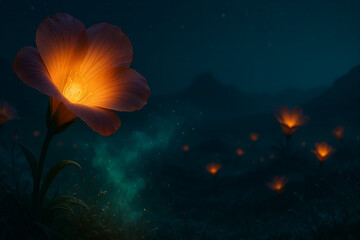 Glowing Orange Fantasy Flower Illuminating Dark Night Landscape