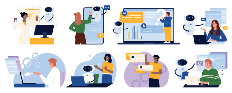 People collaborate with AI bots for programming, analytics, research, writing, art, and language learning in modern digital workspaces, showcasing advanced technology support vector illustration
