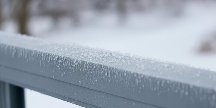 Macro winter frost on blue-gray railing — bokeh background, copy space - Powered by Adobe