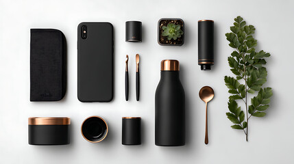 Fototapeta premium Black and copper accessories arranged with plant flat lay knolling