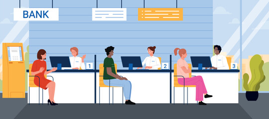 Contemporary banking office interior showing employees assisting diverse clients at desks with computers, highlighting financial services and customer support in a professional setting vector
